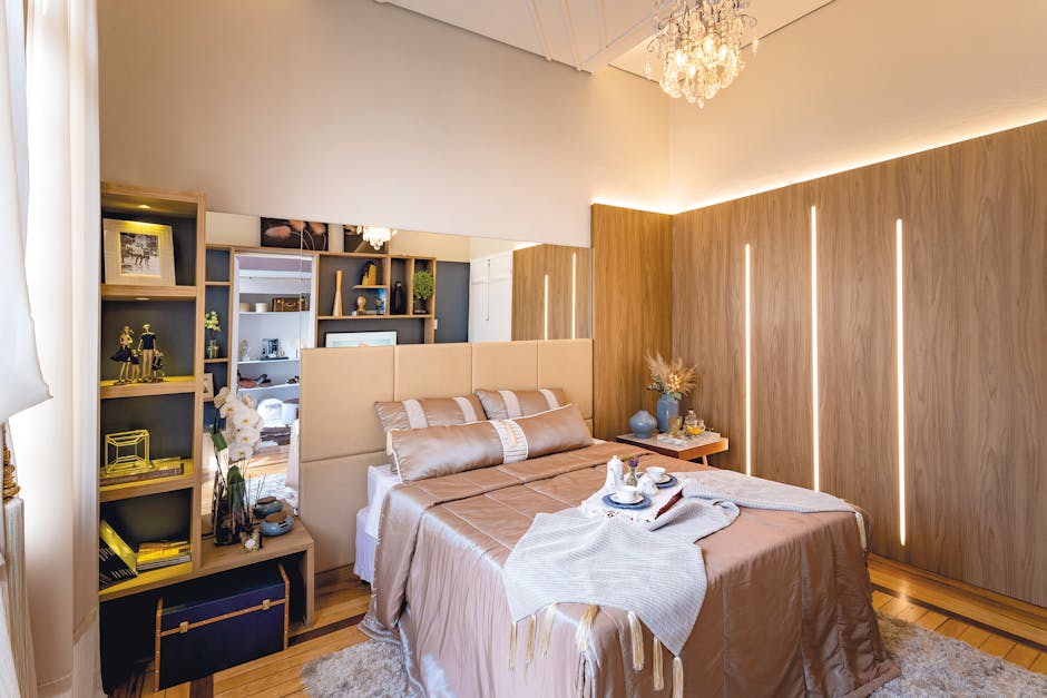 Luxurious modern bedroom featuring elegant decor, soft lighting, and a breakfast tray on the bed.