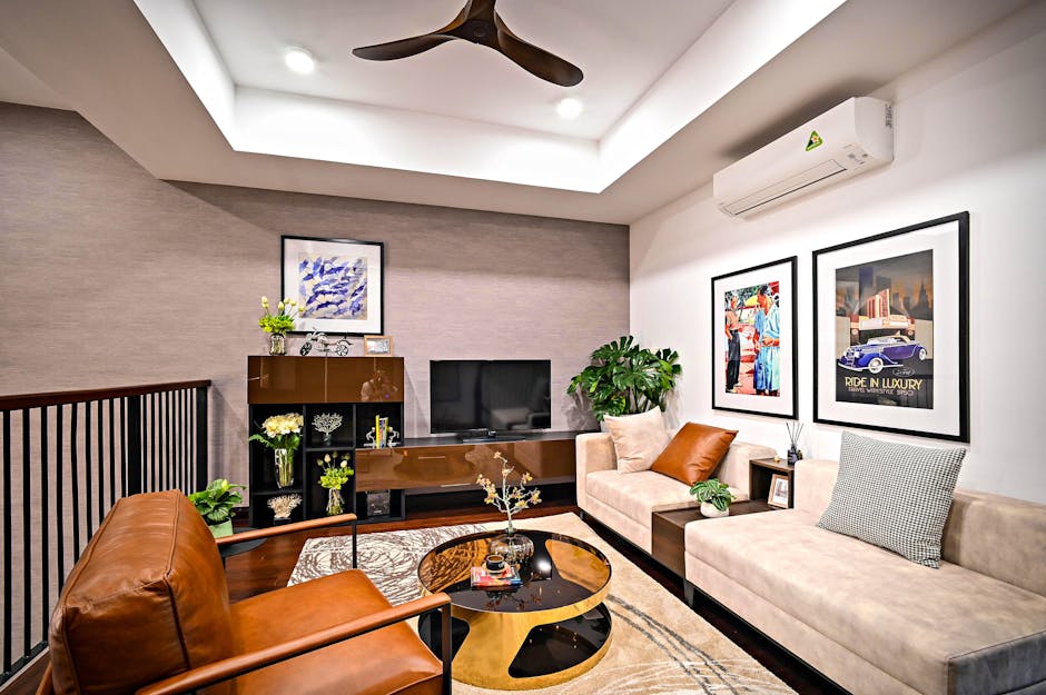 Stylish living room featuring modern furniture and artistic decor, perfect for relaxation.