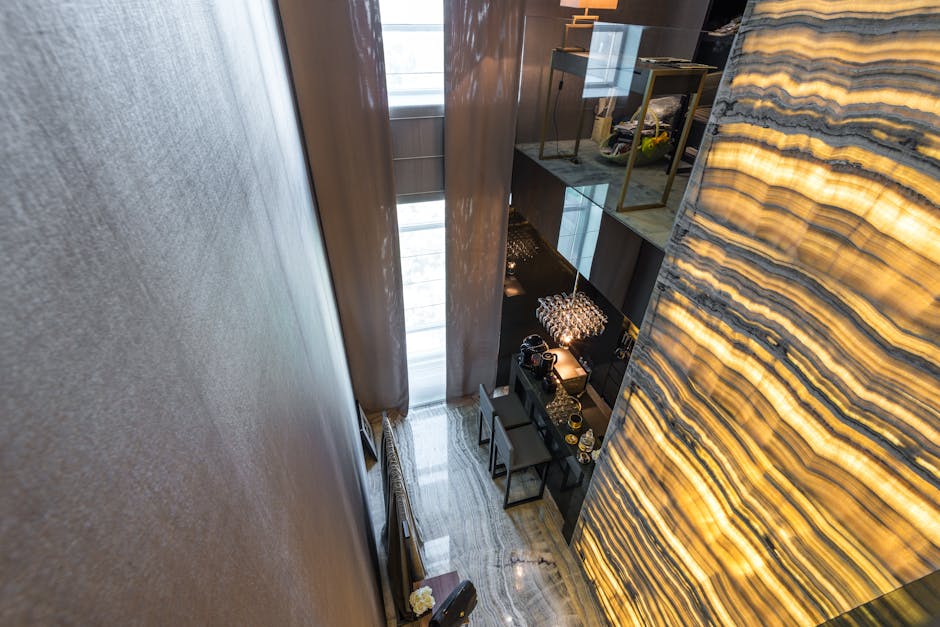 High-angle view of a modern interior featuring elegant lighting and design details.