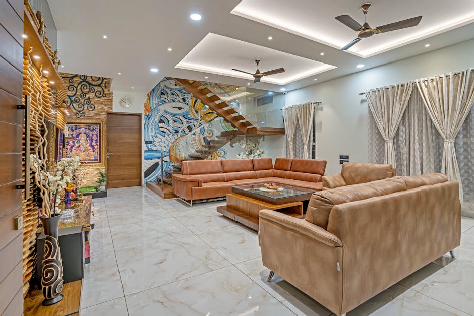 Modern living room with warm furniture and interior styling