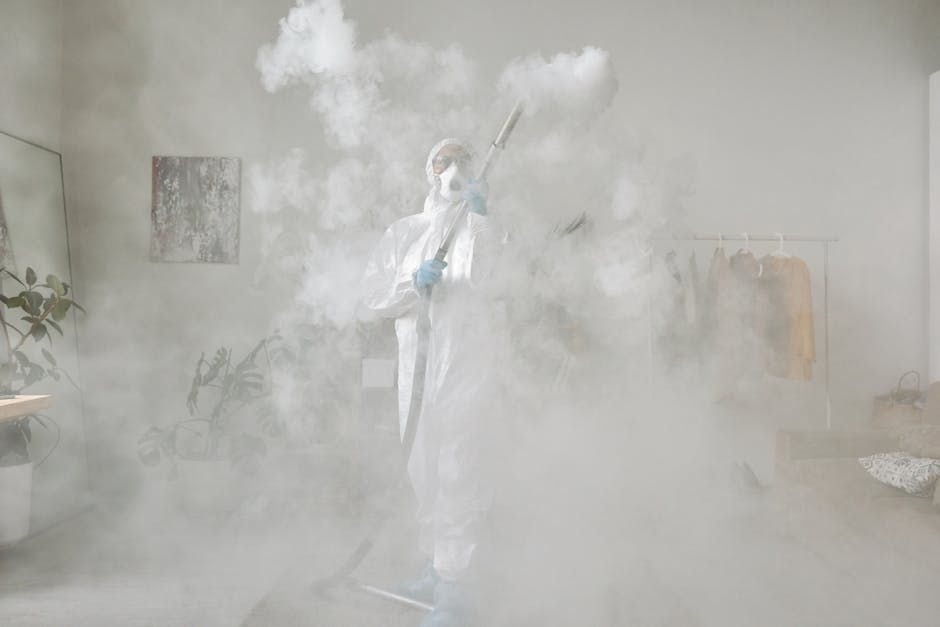 Person wearing PPE suit fogging a room for disinfection. Indoor safety measures.