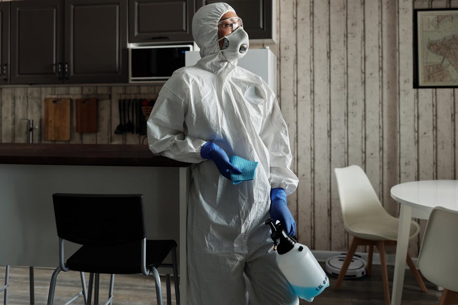 Cleaner in PPE suit using a sprayer for disinfection indoors. Focus on safety and hygiene.